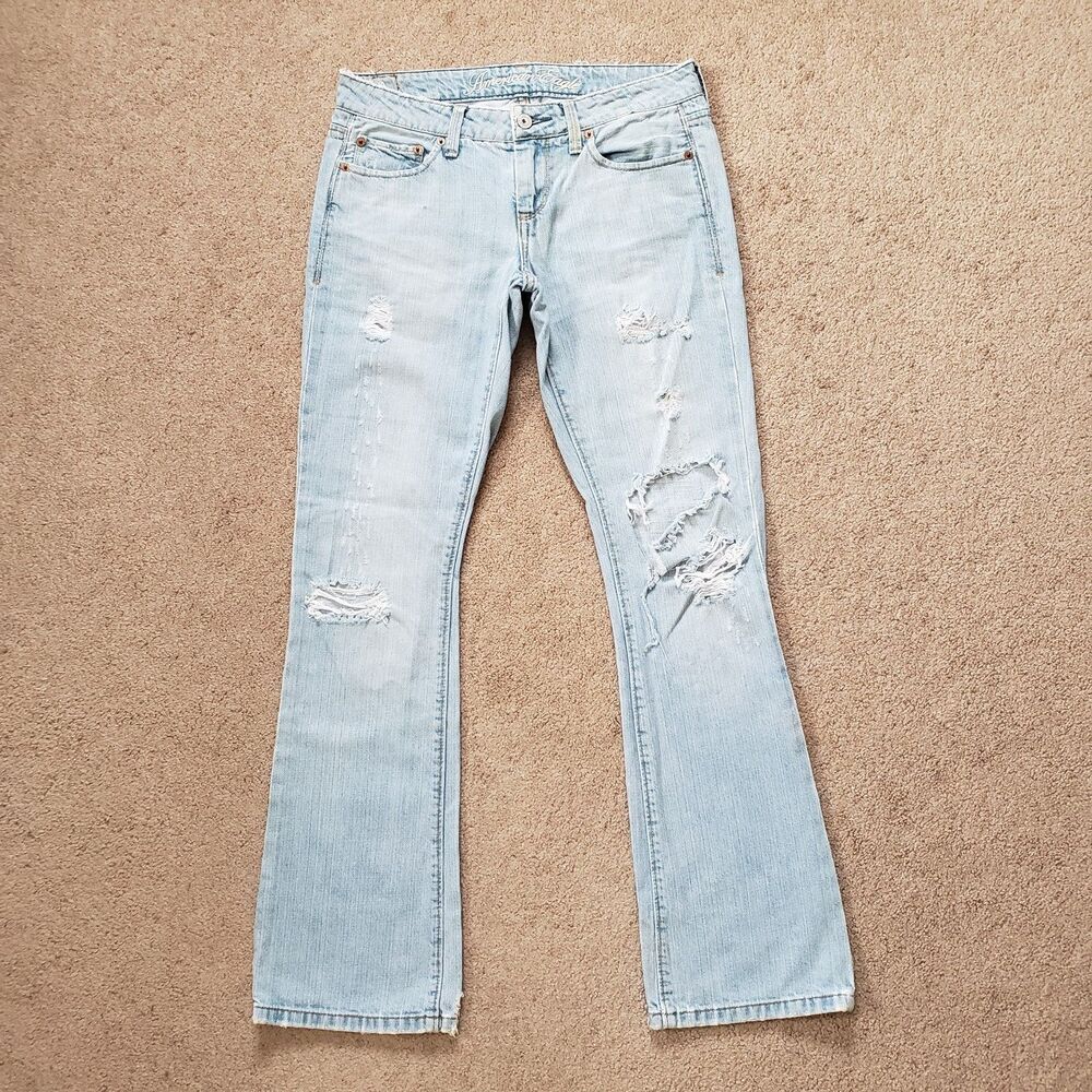 American Eagle True Boot Jeans Distressed Holes Ripped Light Size 2 Short Y2k